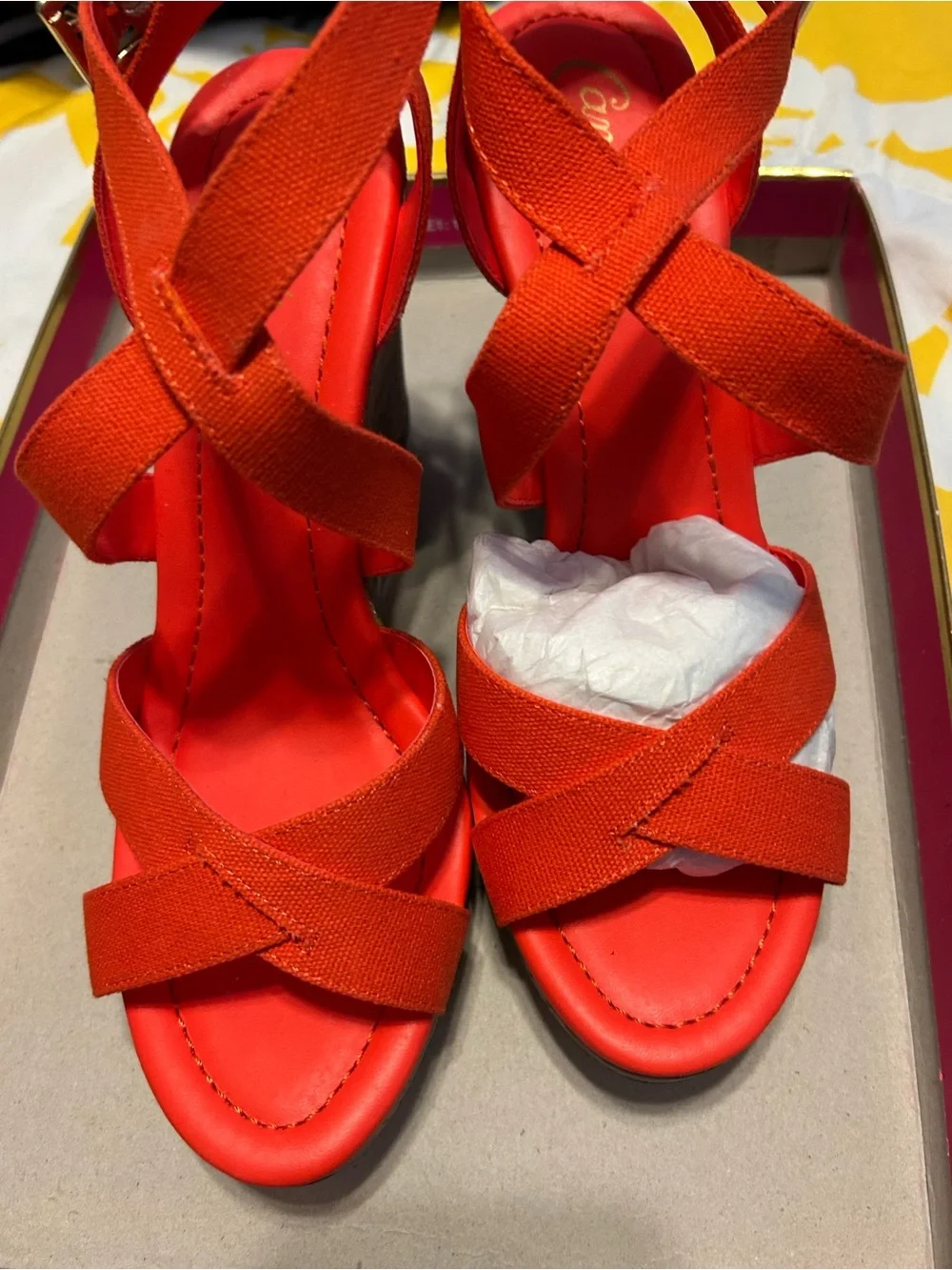 Candie's Bright Red Cross-Strap Wedge Sandals